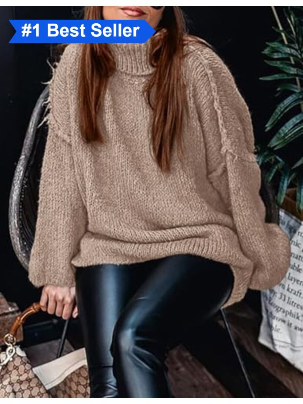 Chunky Knit Turtleneck Long Sleeve Oversized Pullover Sweater - Picture 2 of 6